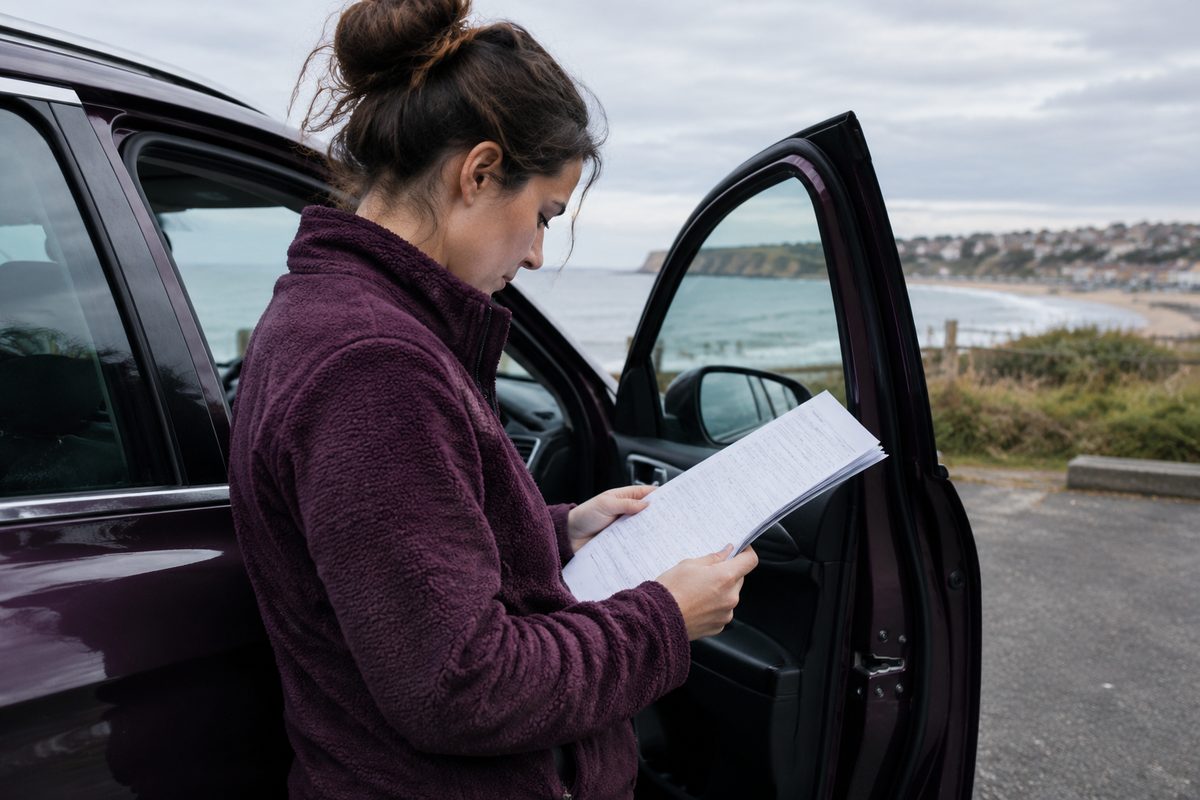 Owner reviewing vehicle service information beside a vehicle
