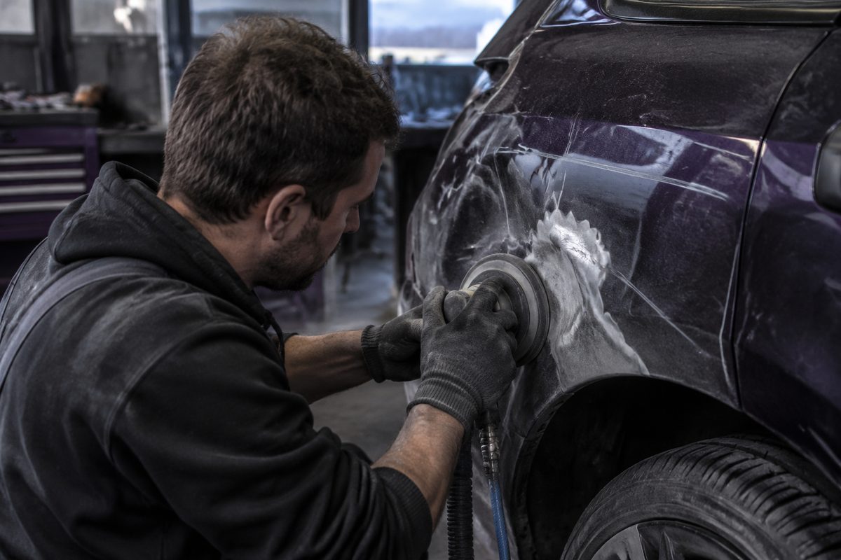 Technician assessing a damaged vehicle body panel in a repair bay