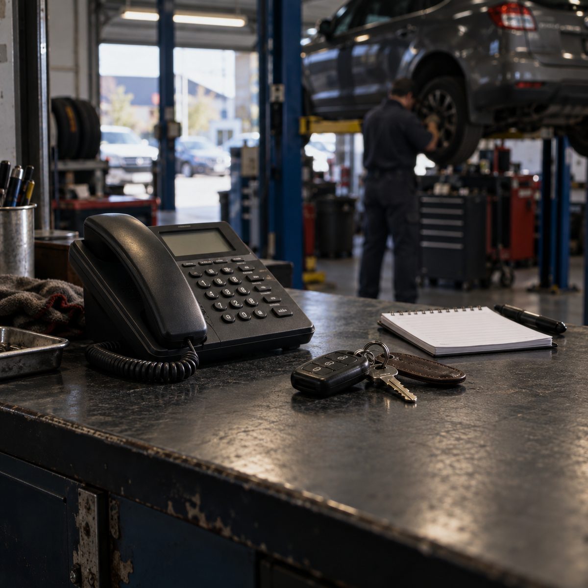 Phone and vehicle keys beside a service note