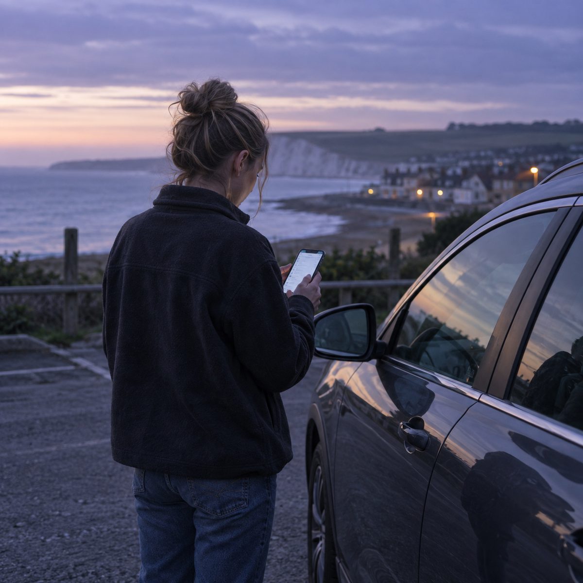 Owner receiving vehicle service information beside a vehicle