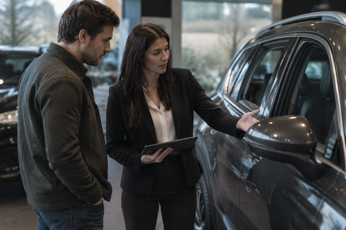 Customer discussing vehicle options with a dealership adviser