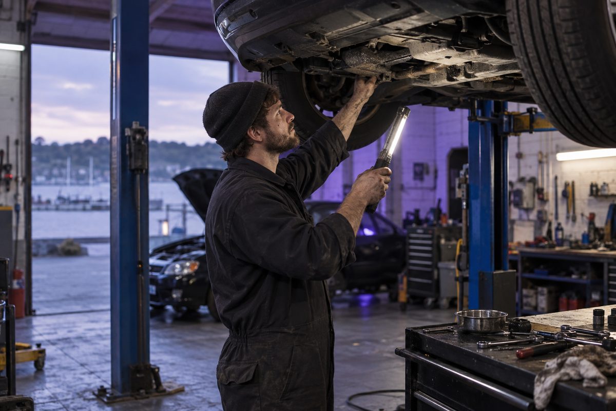 Technician inspecting a vehicle in a service bay